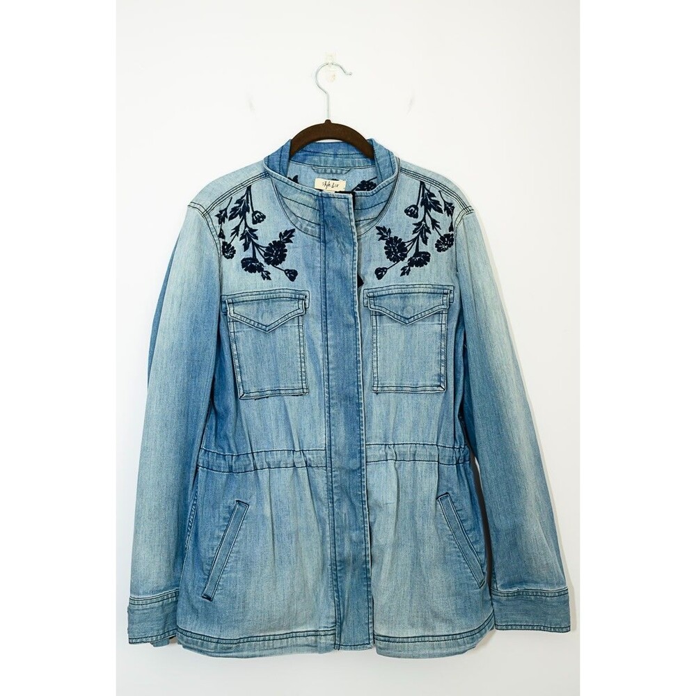 Style & Co Jean Jacket Blue S Floral embroidered boho festival